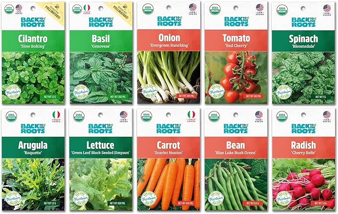 Back to The Roots 100% Organic, Non-GMO Seeds | Variety 10-Pack | Top Herb, Fruit, and Veggies | Guaranteed to Grow