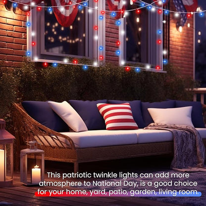 2 Pack Red White and Blue Fairy Lights Battery Operated, 33FT 100LED July 4th Patriotic String Lights with Timer, 8 Modes Waterproof Twinkle Light Indoor Outdoor for Independence Day National Day