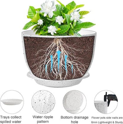 12 inch Large Plant Pots, Flower Pots with Multi-Mesh Drainage Holes and Saucer, Plastic Planters for Indoor and Outdoor Garden Plants (Speckled White, 12")
