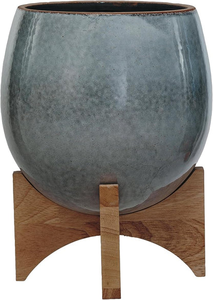 Bloomingville Round Stoneware Planter on a Wood Stand with Reactive Glaze, Grey and Natural