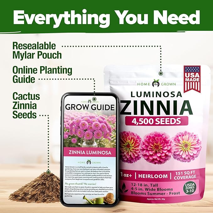 HOME GROWN Pink Zinnia Seeds – 4500 Luminosa Zinnias, Easy to Grow Annual Flower Seeds for Planting Outdoors for 2026, Fast Blooming, Heat Tolerant Herb Seed Garden Companion (Zinnia elegans)