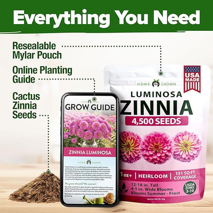 HOME GROWN Pink Zinnia Seeds – 4500 Luminosa Zinnias, Easy to Grow Annual Flower Seeds for Planting Outdoors for 2026, Fast Blooming, Heat Tolerant Herb Seed Garden Companion (Zinnia elegans)