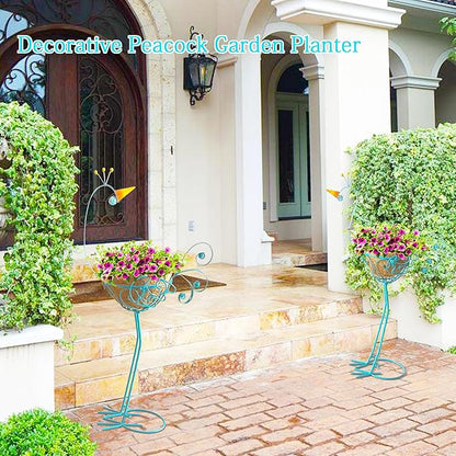 J-Fly Peacock Metal Plant Stand 2 Sets Flower Pots Holders, Planters for Outdoor Indoor Plants with Coconut Pots, Front Porch Garden Balcony Patio Decor for Plant, Valentine Decoration Gifts