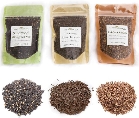 Heirloom Sprouting & Microgreen Seed Variety Pack | Contains Waltham 29 Broccoli Sprouting Seeds, Rainbow Radish Sprouting Seeds Mix & Superfood Microgreen Mix | Non-GMO | Rainbow Heirloom Seed Co.