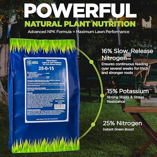 Supply Solutions 25-0-15 Ultra Green Lawn and Turf Fertilizer - 16% Slow Release Nitrogen - Promotes Lush, Green Lawns and Strong Root Growth, Reduces Mowing Frequency (25 Pounds)