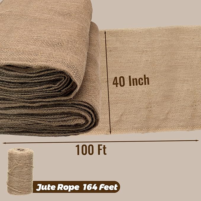 40'' x 100 Feet Burlap Fabric Roll 33 Yard, Natural Jute Fabric for Winter Tree Wrap Plant Covers Freeze Protection with 164 Feet Jute Rope, DIY Rustic Wedding Garden Outdooor Christmas Decoration