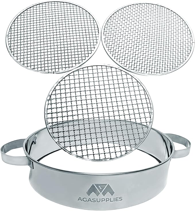 Soil Sifter Set with Handles & 3 Replaceable Mesh Sifters – 30 Cm Stainless Steel Soil Sifter for Gardening, Compost & Bonsai – Large Garden Sifting Tray for Topsoil, Rocks & Sand – Mesh Sieve Set