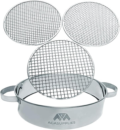 Soil Sifter Set with Handles & 3 Replaceable Mesh Sifters – 30 Cm Stainless Steel Soil Sifter for Gardening, Compost & Bonsai – Large Garden Sifting Tray for Topsoil, Rocks & Sand – Mesh Sieve Set
