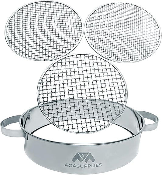 Soil Sifter Set with Handles & 3 Replaceable Mesh Sifters – 30 Cm Stainless Steel Soil Sifter for Gardening, Compost & Bonsai – Large Garden Sifting Tray for Topsoil, Rocks & Sand – Mesh Sieve Set