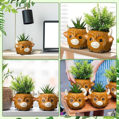 Meanplan 2 Pcs Highland Cow Succulent Planter with Drainage Cute Plant Pots Decor Ceramic Cactus Pot Animal Flower Container Holder Gifts for Cow Lovers Home Office Display Desk Decoration