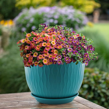 12/10/9 inch Plant Pots, 3 Pack Flower Pots for Outdoor Indoor Garden Plants, Large Planters with Multi Mesh Drainage Holes and Saucer (Black-Green, 12"+10"+9")