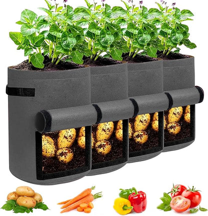 JJGoo 4 Pack Potato Grow Bags 10 Gallon with Flap, Heavy Duty Fabric with Handle and Harvest Window, Non-Woven Planter Pot Plant Garden Bags to Grow Vegetables Tomato, Dark Grey