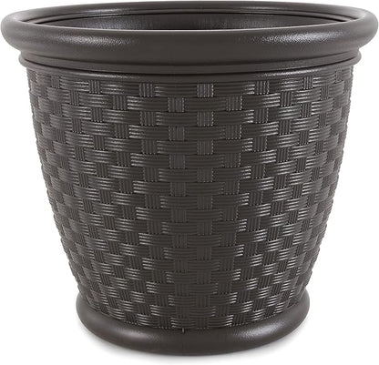 Suncast 4 Pack Sonora 18 Inch Lightweight Durable Plastic Wicker Decorative Flower Planter Pot for Yard, Garden, Indoor or Outdoor Use, Brown