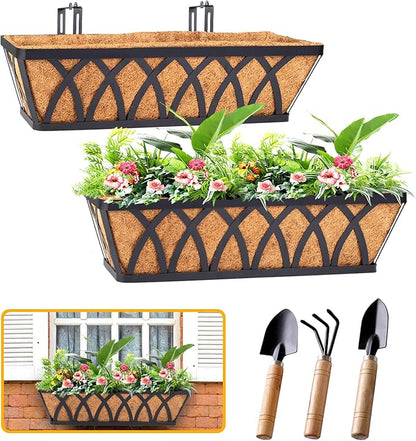 HKZ Deck Balcony Railing Planter Window Boxes - 2 Pack 24 Inch Planter Box, Balcony Planters Railing Hanging, Window Boxes Outdoor Fence Planters