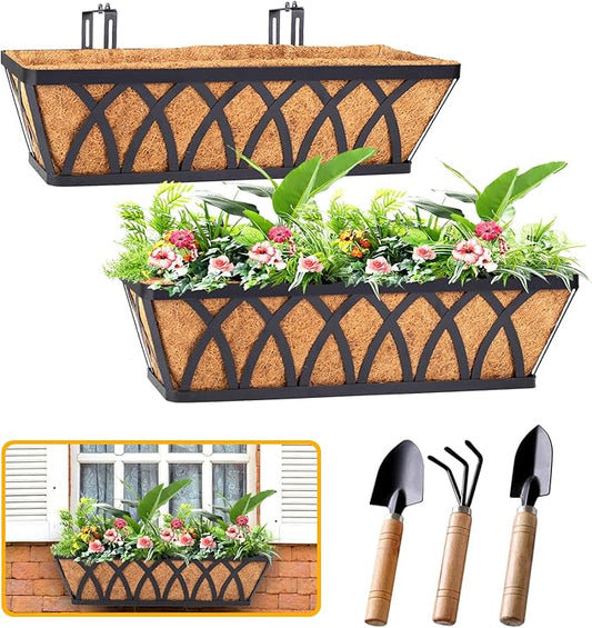 HKZ Deck Balcony Railing Planter Window Boxes - 2 Pack 24 Inch Planter Box, Balcony Planters Railing Hanging, Window Boxes Outdoor Fence Planters