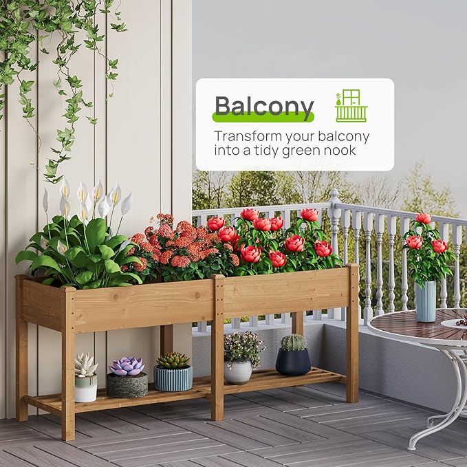 Raised Garden Bed with Legs Wood Elevated Planter Box Gardening Outdoor Planter Box Patio Kit Planting Bed for Vegetables Flowers Herbs Outdoor for Patio Balcony Backyard 72x24x30.7in(Brown, Large)