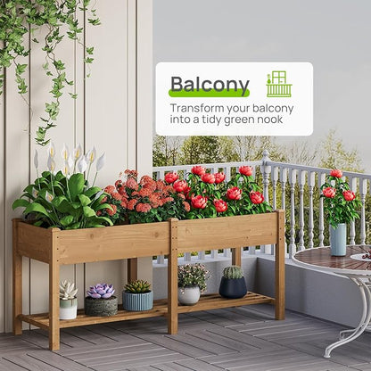 Raised Garden Bed with Legs Wood Elevated Planter Box Gardening Outdoor Planter Box Patio Kit Planting Bed for Vegetables Flowers Herbs Outdoor for Patio Balcony Backyard 72x24x30.7in(Brown, Large)