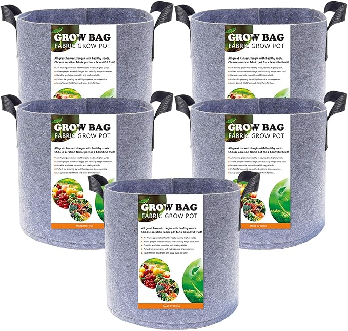 5-Pack 2 Gallon Plant Grow Bags, Heavy Duty Thickened Non-Woven Aeration Fabric Pots Container with Reinforced Handles for Gardening
