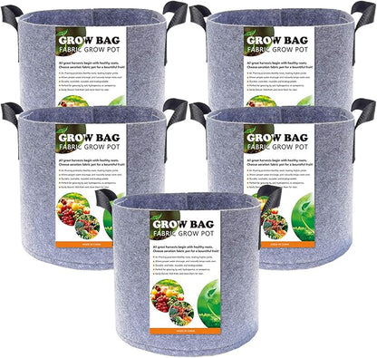 5-Pack 10 Gallon Plant Grow Bags, Heavy Duty Thickened Non-Woven Aeration Fabric Pots Container with Reinforced Handles for Gardening