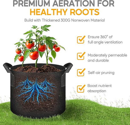 YSSOA 10-Pack Fabric Grow Bags 5 Gallon with Pruner, 300G Thickened Nonwoven Plant Growing Pots with Handles, Planting Bags for Vegetables, Black