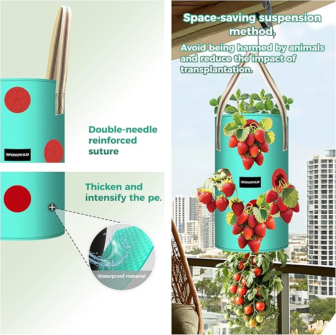 3 Pack Hanging Strawberry Planter Bags, 5 Gallon Hanging Grow Bags with Bottom Planting Hole, Thickened PE Strawberry Pot for Vegetables Herbs Tomatoes