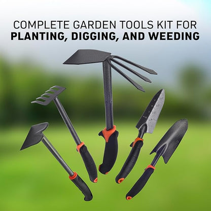 Heavy-Duty Garden Tools Set – 5-Piece Carbon Steel Gardening Tools Kit with Non-Slip Handles | Professional & Home Gardening Hand Tools for Planting, Weeding & Soil Cultivation