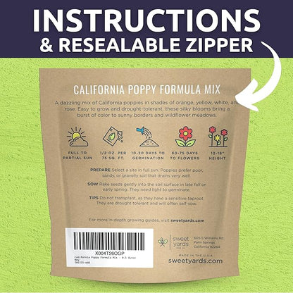 California Poppy – Formula Mix – Large 1/2 Ounce Seed Packet – 10,000 Flower Seeds for Planting – Eschscholzia californica