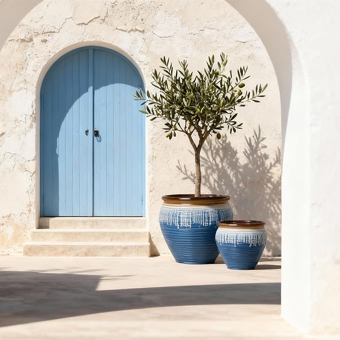 WORTH Clay-Pot-Style Plastic Planters Set of 2 (Large: 17"Dia x 16"H & Small: 13"Dia x 13"H), Blue-Glazed Plant Pot, Round Lightweight Flower Pots with Drainage Hole & Plug for Indoor & Outdoor Use