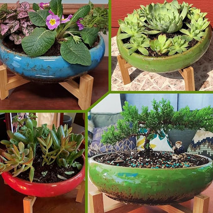 ARTKETTY 2 Pack Large Bonsai Pots with Drainage, Shallow Succulent Plant Pots with Stand, Ceramic Pots for Indoor Plants, Decorative Cactus Flower Planter Bowl