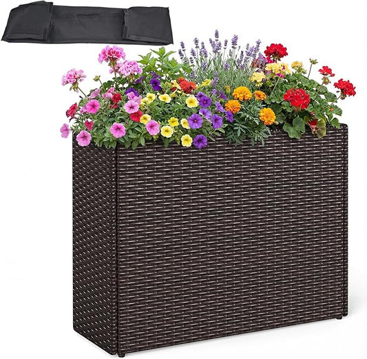 Giantex Wicker Raised Garden Bed, 32”x11”x24”, Rectangular Garden Planter Box w/PE Rattan, Liner Fabric, Wicker Patio Elevated Raised Bed for Vegetable Flower Herb Porch Balcony