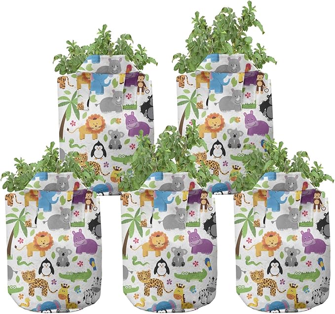 Lunarable Animals Grow Bags 5-Pack, Jungle and Zoo, Heavyduty Fabric Pots with Handles for Plants, Grey Purple