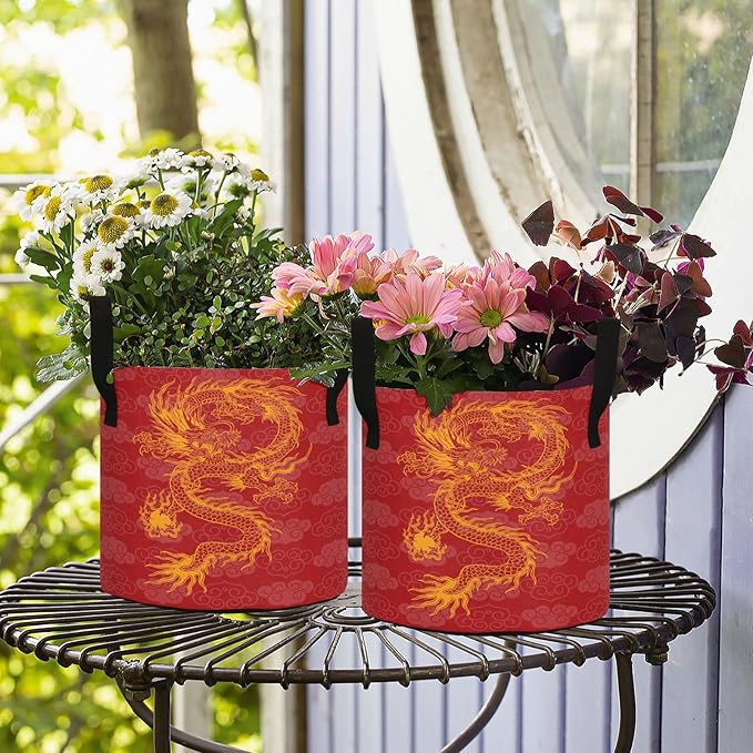 7 Gallon Chinese Propitious Cloud Dragon Red Breathable Potato Grow Bags Heavy Duty Planter Pot Containers with Handles for Tomato Fruits Flowers Vegetables