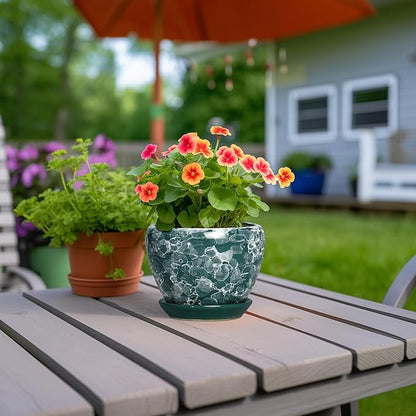 6 Inch Planter - Ceramic Plant Pots Indoor with Drainage Hole and Saucer, Indoor Plant Pots for Flowers Plants, Round Modern Small Planter, Bedroom Decor, Plants Lover Gift, Bubble Green