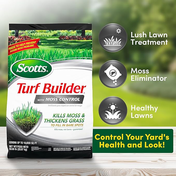 Scotts Turf Builder with Moss Control, Moss Killer and Lawn Fertilizer, Covers Up to 10,000 sq. ft., 50 lbs.