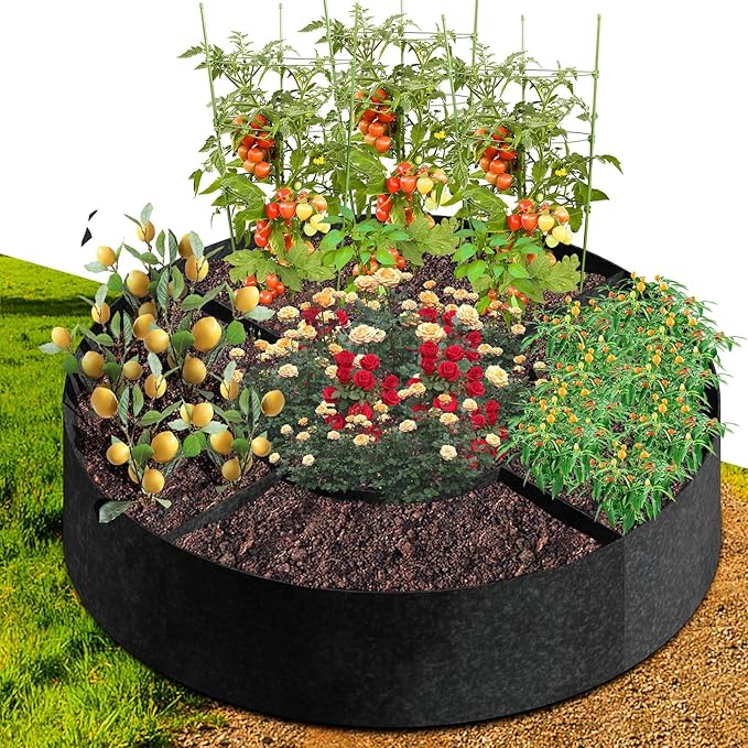 Fabric Raised Garden Bed, Plant Grow Bags, 3x3x1 Ft Large Round Raised Garden Bed for Growing Vegetables Potatoes Flowers Planting Container for Outdoor Gardening (5 Grid, 3.3 * 3.3 * 1 ft)