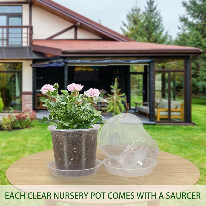 30 Pack 3/4/5 Inch Clear Nursery Pots with Drainage and 30 Pack Plant Saucers, Plant Pots for Plants Transparent Potting Containers for Plants Seeding Starter Pot (Clear, 3/4/5 Inch)