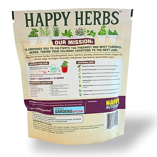 Fertilizer for Herbs Happy Herb Organic Fertilizer by Happy Nutrients – Plant Food for Basil, Mint, Cilantro, Rosemary, Thyme & More – Macro & Micro Nutrients for Home Gardens – 12 oz (0.34 kg)