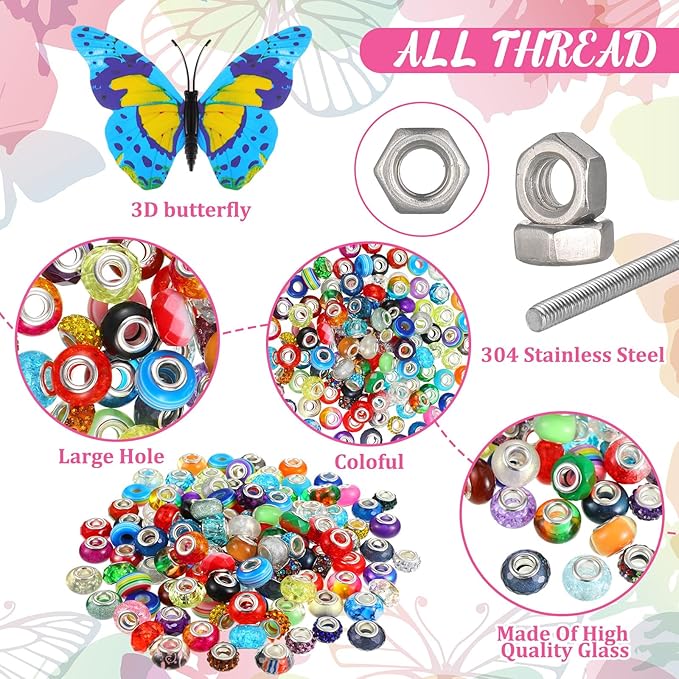 Tigeen 236 Pcs Garden Stake DIY Fairy Wand Plant Stake with 12 Colorful Crystal Stopper Top 12 Threaded Rod with 200 Large Hole Bead for Spring Summer Holiday Outdoor Decorations(Butterfly)
