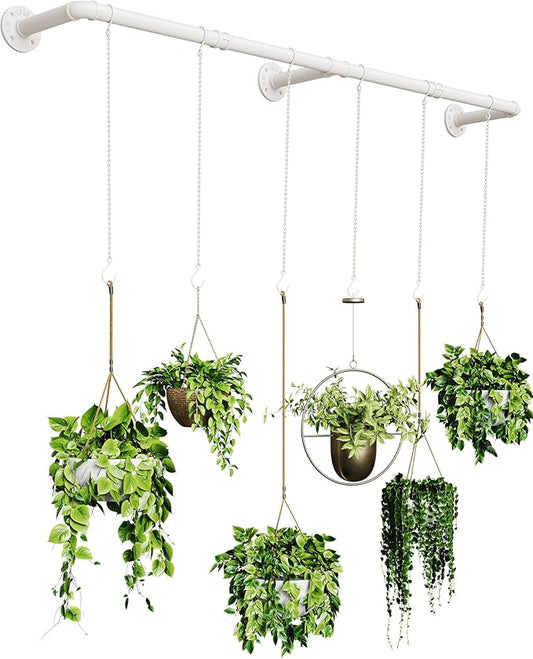 Plant Haning Rod, Hanging Planters for Indoor Plants with 6 Chains, Wall Plant Hanging Bar for Window Celling, 65.7 Inch, Metal White, Pots Not Included