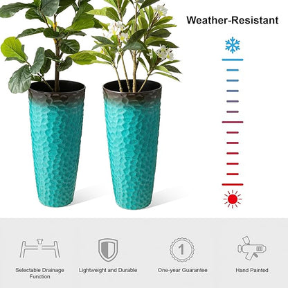 Glitzhome 31" H Oversized Tall Planter, Set of 2 Honeycomb Textured Gradient Turquoise Plastic Tall Outdoor Planters with Drainage Holes, Round Large Flower Pots for Indoor Outdoor Front Door Patio