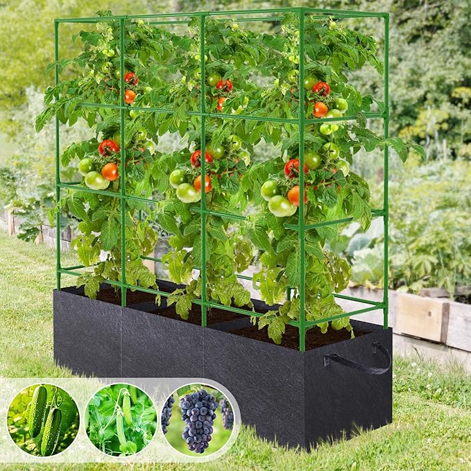 POILKMNI 66x17x49 Inch Garden Tomato Cages with 46 Gallon Grow Bags, Square Plant Support Trellis Assembled with Planter Bags, Garden Cucumber Vegetables Frames for Vertical Climbing Plants