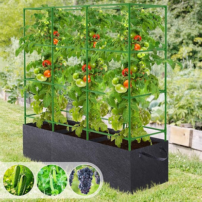 POILKMNI 66x17x49 Inch Garden Tomato Cages with 46 Gallon Grow Bags, Square Plant Support Trellis Assembled with Planter Bags, Garden Cucumber Vegetables Frames for Vertical Climbing Plants