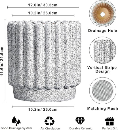 Ceramic Planter for Indoor Plants - 12 Inch Plant Pot Indoor with Drainage Hole, Large Ceramic Flower Pots Outdoor, Fluted Round Planter, Home Decor, Gardening Gifts, Black and White
