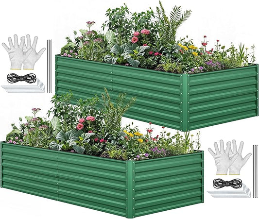 YITAHOME 96x48x24 in 2pcs Galvanized Raised Garden Bed Kit, Large Metal Planter Box with Gloves, Safety Rubber & Support Rod, Outdoor Flower Bed for Plants Vegetables, Green