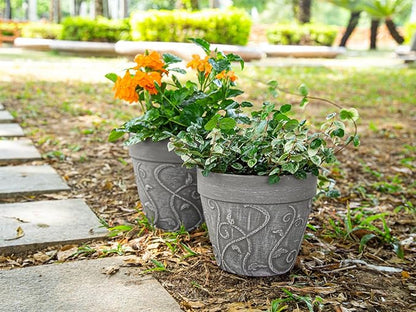 Melphoe Plant Pots Indoor with Drainage & Saucer, 2Pack 8 inch Flower Pots Outdoor Planters for Indoor Plants Garden Home Decor Cactus Succulent, Rigid Plastic (Imitation-Terracotta) Vine-Embossed