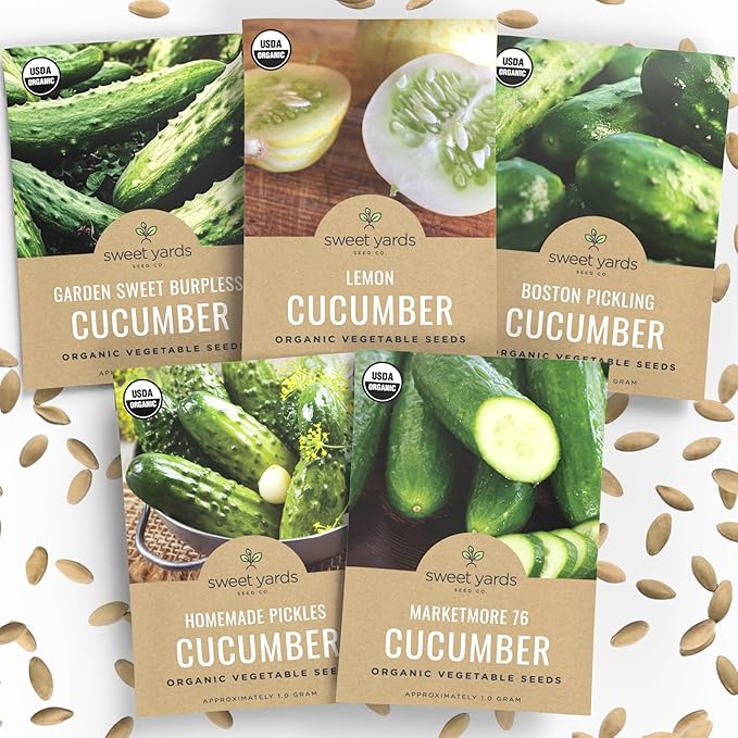 Organic Cucumber Seeds Variety Pack - 5 Individual Packs - 2026 Season - Marketmore 76, Sweet Burpless, Boston Pickling and More! for Indoor & Outdoor Planting (Non-GMO, Certified Organic)