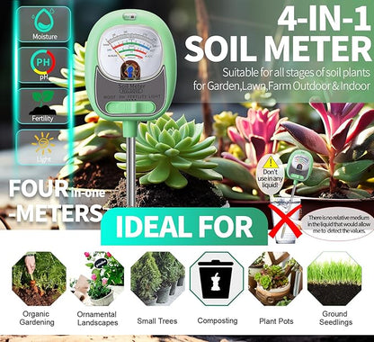 HSLGOVE 4-in-1 Soil Test Kit – Soil Moisture Meter, pH, Fertility & Sun-Light, No Battery Required, Large Dial Soil Tester for Indoor & Outdoor Gardening, Lawn, Farm –Tea Green