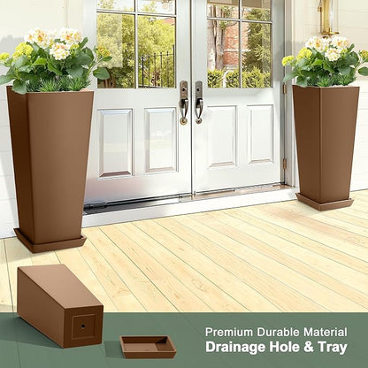 Set of 2 Large Planters for Outdoor Plants 24" Tall Tapered Modern Flower Pots with Drainage Tray for Garden, Patio, Porch (Brown)
