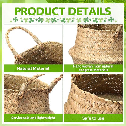 Qunclay 4 Pcs Woven Seagrass Baskets Belly Basket Folding Boho Natural Plant Pot with Handles Round Decorative Wicker Large Indoor Planter for Home Outdoor Tree Planters Decor (9 x 11 Inch)