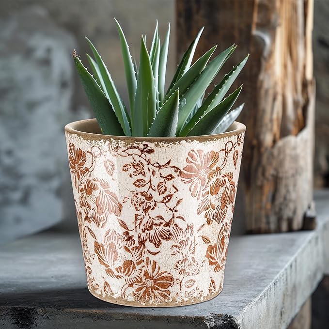 Farmhouse Ceramic Planter 5.5 Inch Large Plants Pot Crack Beige Brown Flowers Plant Pots with Drainage Hole Indoor Plants Kitchen Rustic Antique Decor Gift